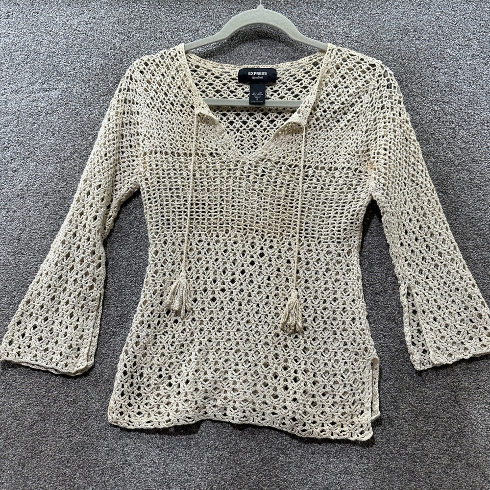 Express Handknit Top Small Beige Linen Cotton Crochet Bell Sleeve V Neck Tassel
